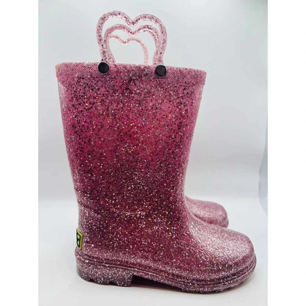 Western Chief Abby Pink Glitter Rain Boots Waterproof Pull On Kids US 11 Sparkle